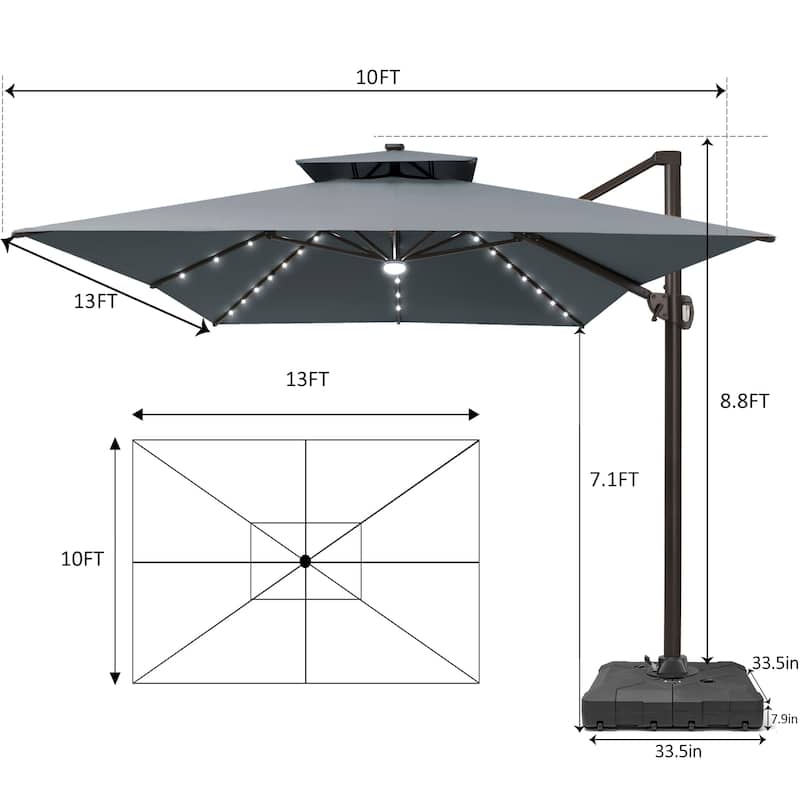 Pellebant 10 x 13FT Outdoor Rectangular Cantilever Patio Umbrella Solar LED Lighted with Wheel Base