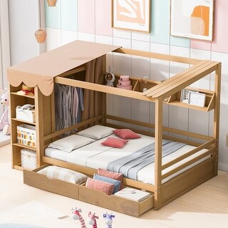 Full Size Wood House Bed with 2 Drawers and Shelves, Kids Platform Storage Bed Frame with Wardrobe and Small Curtain