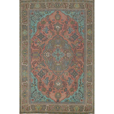 Floral Pink Tabriz Persian Vintage Rug Hand-Knotted Wool Carpet - 6'7" x 9'2"