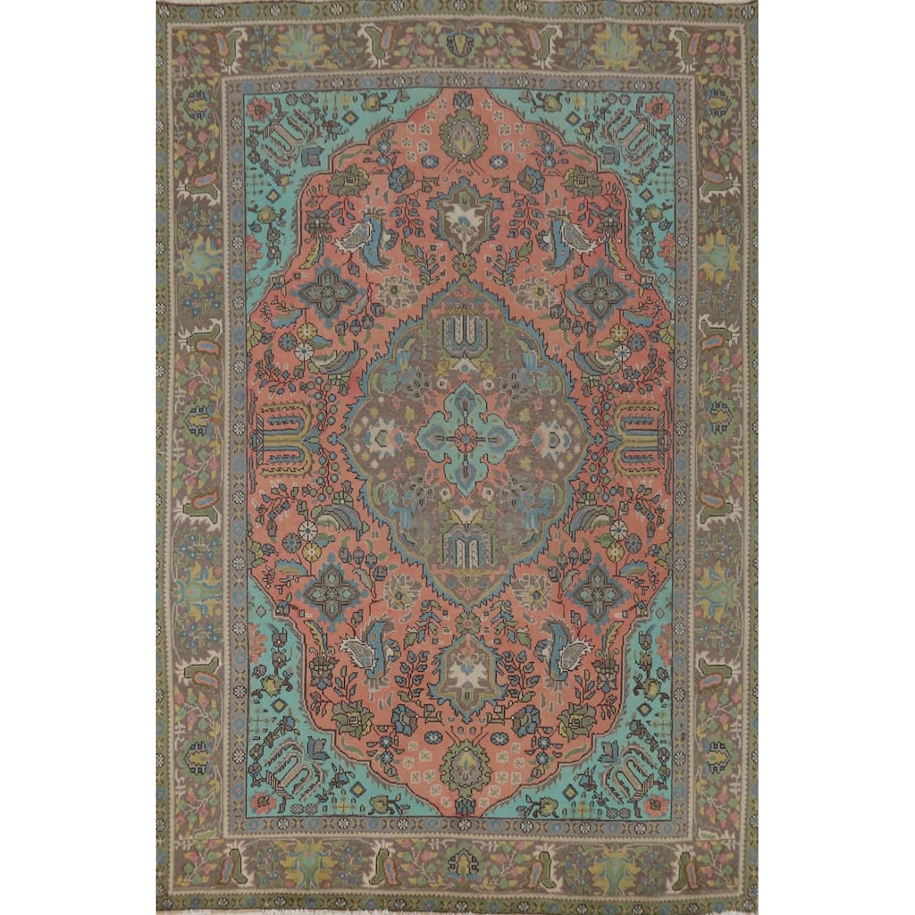 Floral Pink Tabriz Persian Vintage Rug Hand-Knotted Wool Carpet - 6'7" x 9'2"