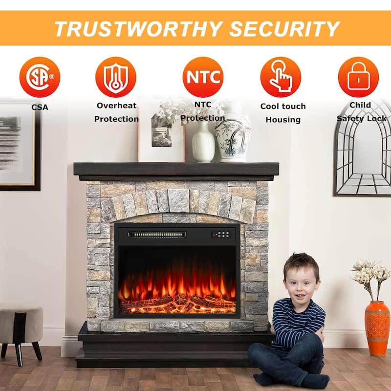 BOSSIN 36" /40" Electric Fireplace with Mantel, 23 inch Electric Fireplace Insert, TV Stand Freestanding Heater Flame Faux Stone