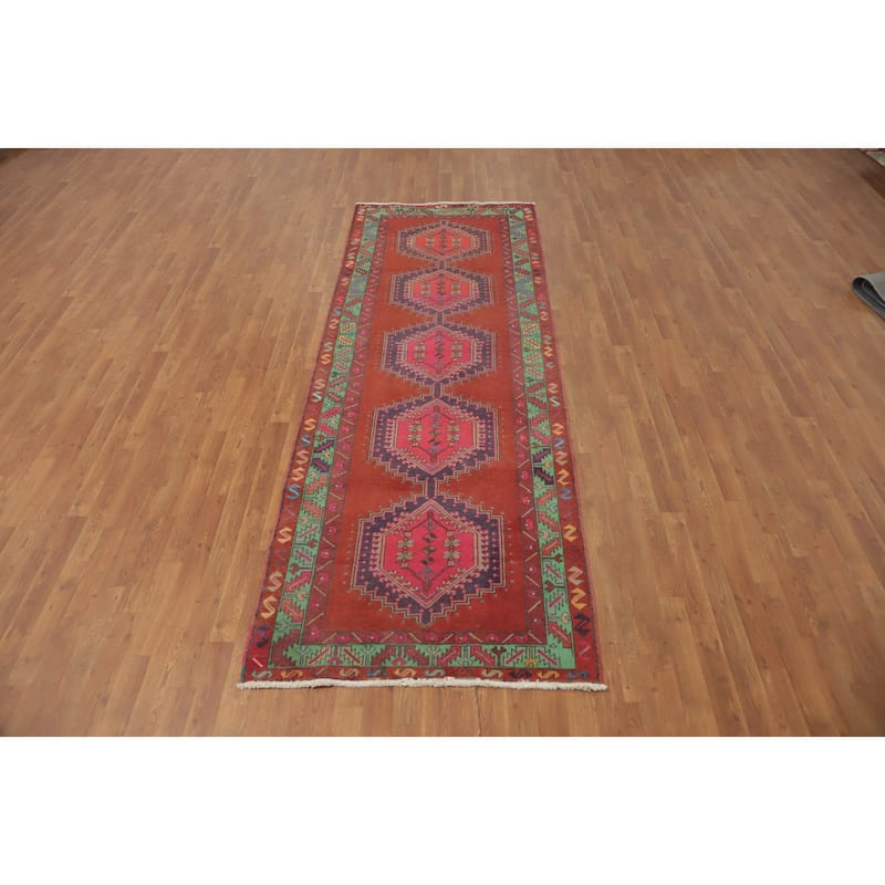 Hand Knotted Oriental 100% Wool Carpet Traditional Geometric Oranges & Rust Ardebil Runner Rug - 10' 3'' X 3' 8''