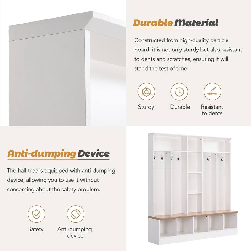 Wide Design Hall Tree with Storage Bench, Shoe Cabinet with Cube Storage & Shelves, Multifunctional Coat Rack with 8 Hooks