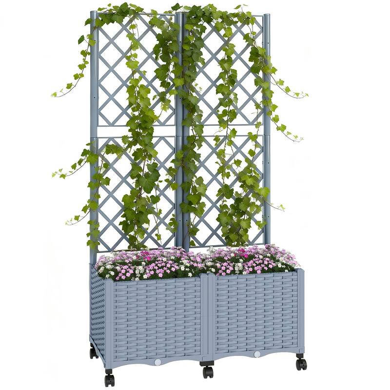 Outsunny Planter Box with Trellis, Self Watering Raised Garden Bed with Lockable Wheels, 56.3" Trellis Privacy Planter