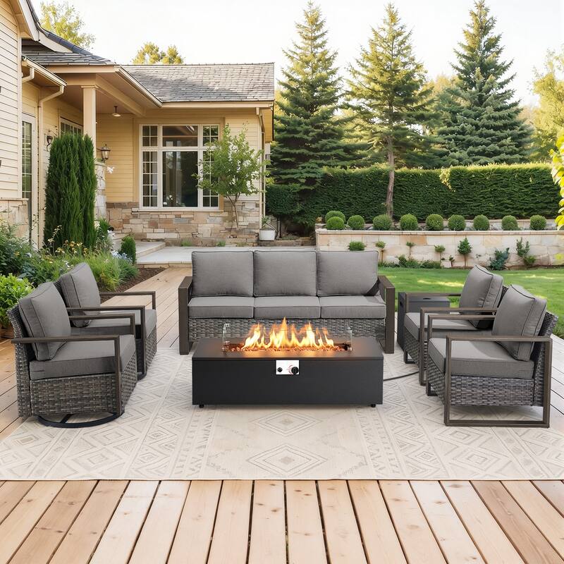 Meyreso Wicker Outdoor Patio Fire Pit Set with Swivel Gliders and 4.5-Inch Olefin Cushions