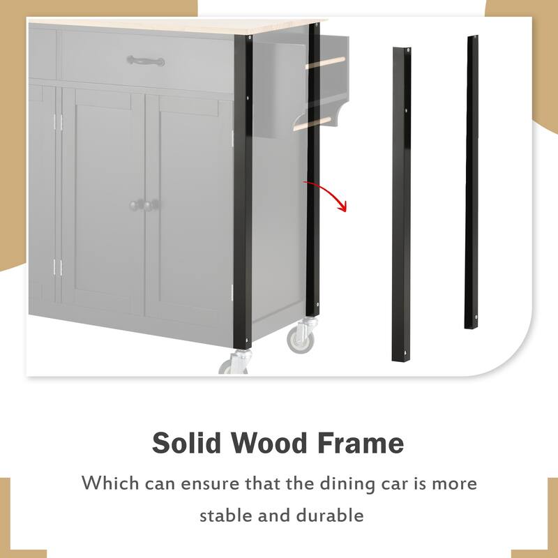 Black Solid Wood Kitchen Island with Locking Wheels, Rolling Kitchen Cart, Closed Storage Kitchen Cabinet with Rack