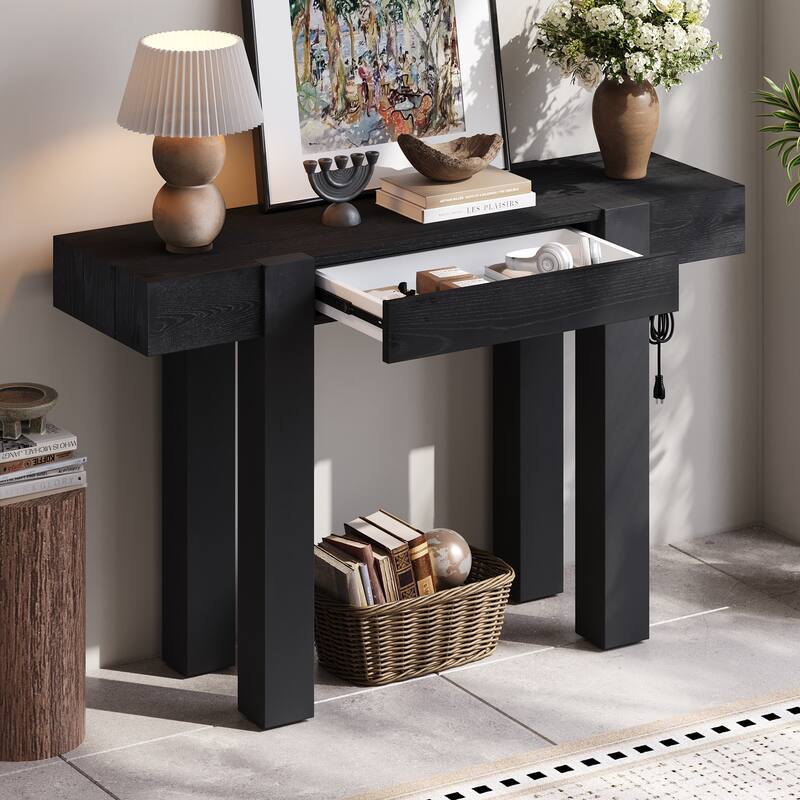 Rossetta Wooden Rustic-Minimalist Charm Console Table with Side Power Outlet and Hidden Drawer - Black