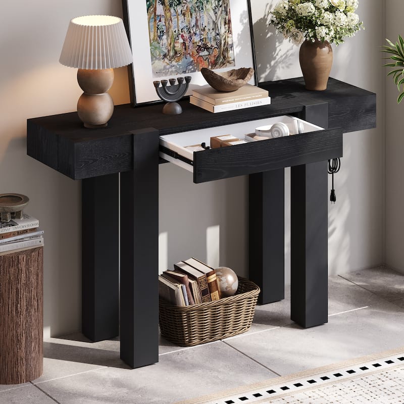 Rustic Minimalist Console Table with 1 Hidden Drawer and Side Power Outlet