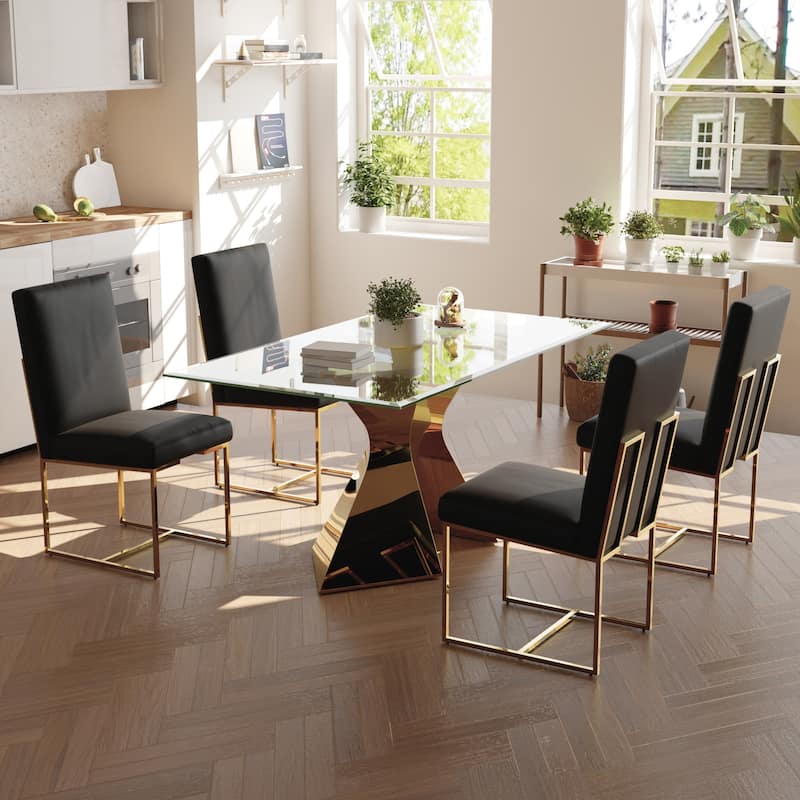 Luxury Gold Dining Table Set with 63 inch Glass Dining Table and White Leather Dining Chairs