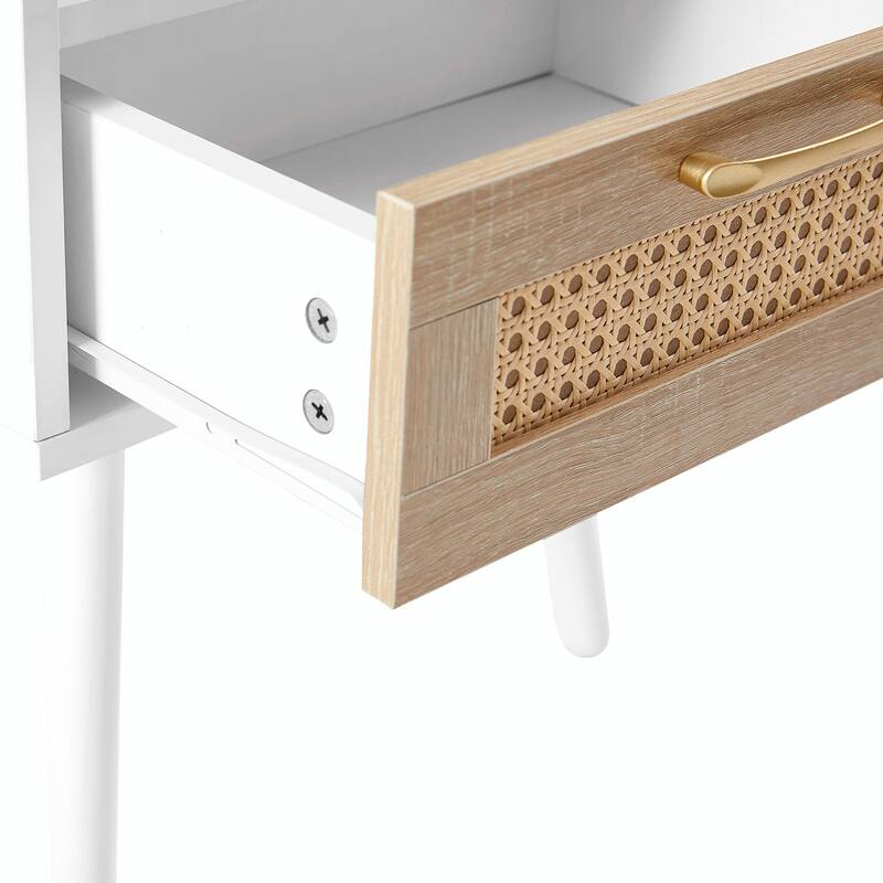 Rattan Nightstand with Drawer, Solid Wood Legs, 16"" Side Table