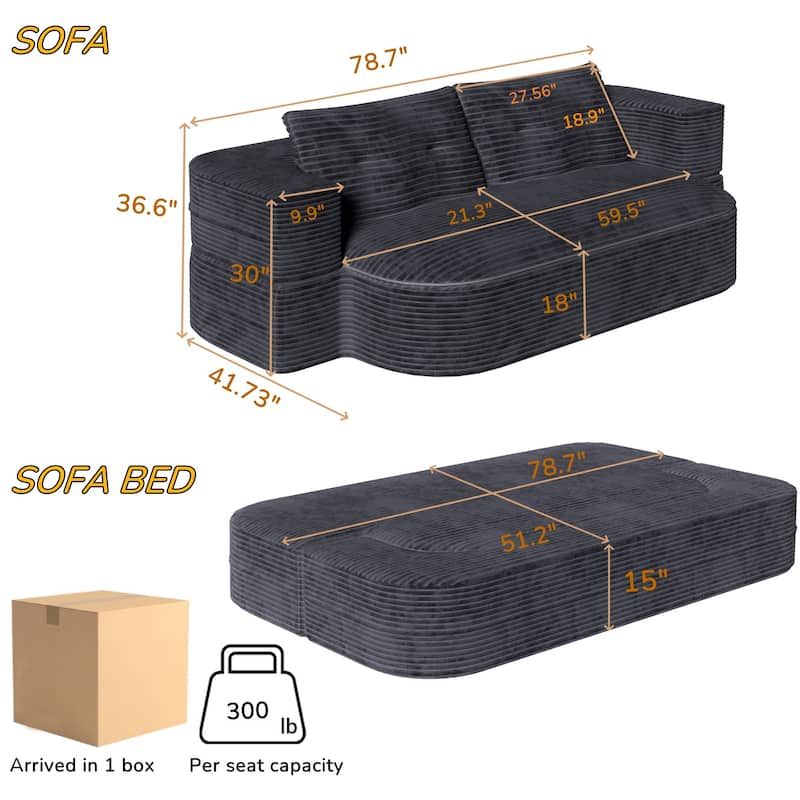 78.7" Modern Convertible Corduroy Sofa Bed with 2 Pillows, Floor Deep Seat Sleeper Couch, Foldable 2-in-1 Sofa for Living Room