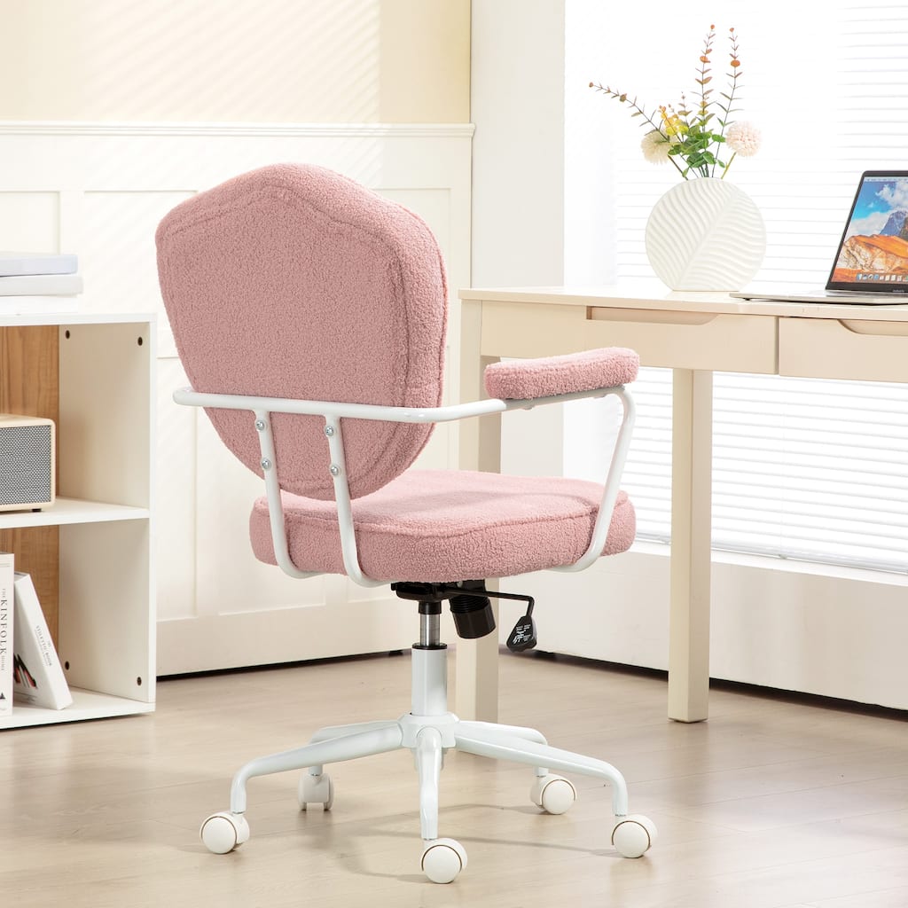 Teddy Bear Fleece Swivel Office Chair with wheels, Button Tufted Home Office Chair, Vanity Chair with Adjustable Height