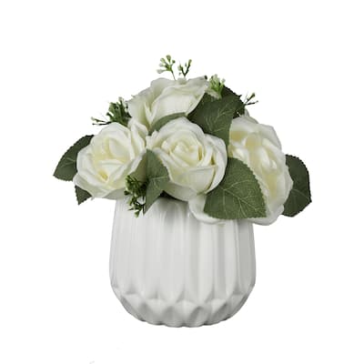 Fabric Artificial Flower with Green Leaves and Round Ceramic Vase - White - Roche River Decor