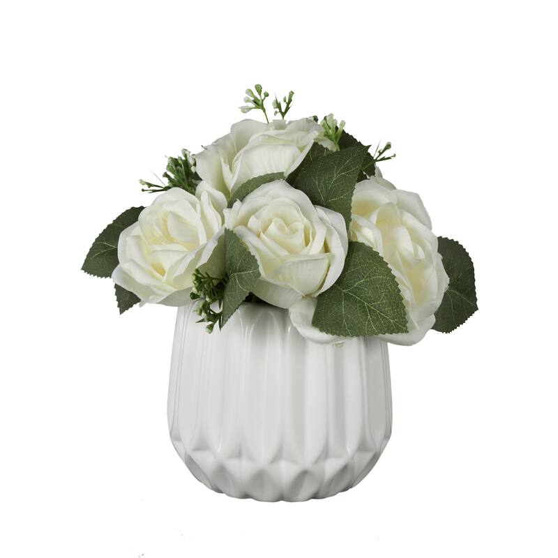 White Fabric Artificial Flower with Green Leaves and Round Ceramic Vase