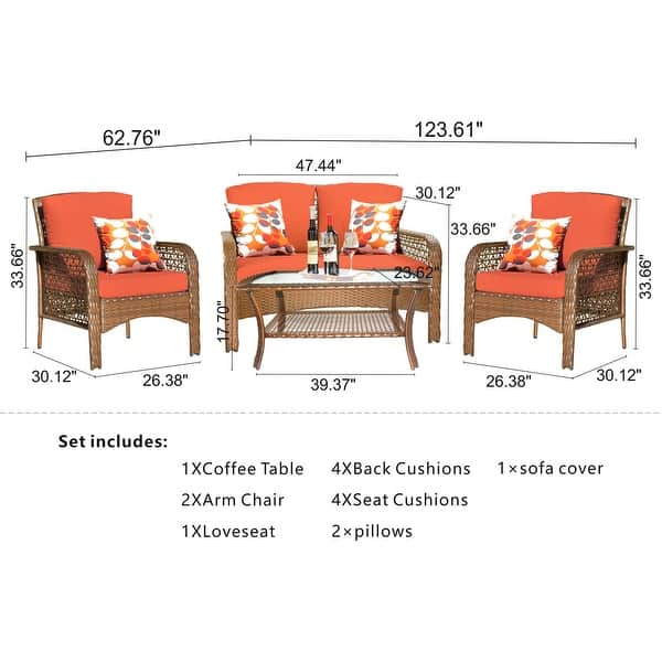 dimension image slide 1 of 3, OVIOS 4-piece Water-Resistant Wicker Deep Seating Outdoor Sofa Set