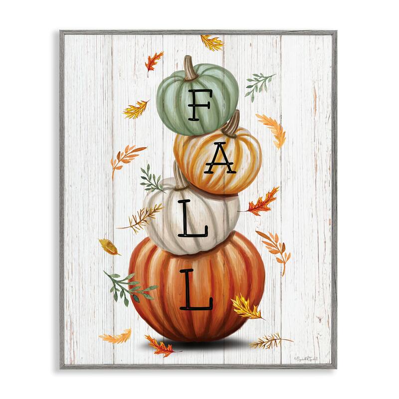 Stupell Falling Leaves & Pumpkin Stack Framed Giclee Art Design By Elizabeth Tyndall - 11 x 14 - Grey