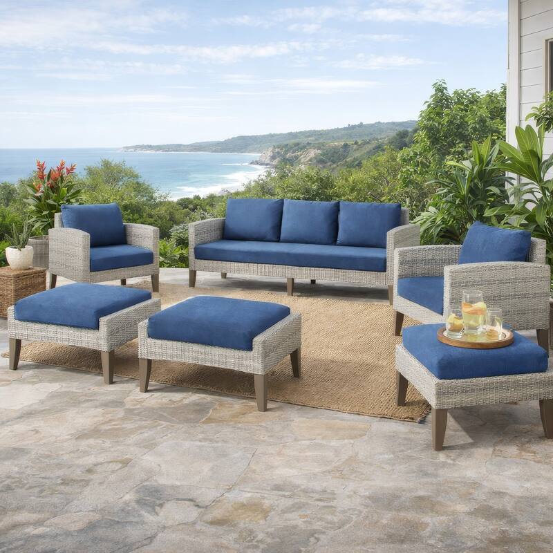 Azy 5pc Outdoor Sofa Set w Stools and Chairs, Woven Gray Frame, Blue