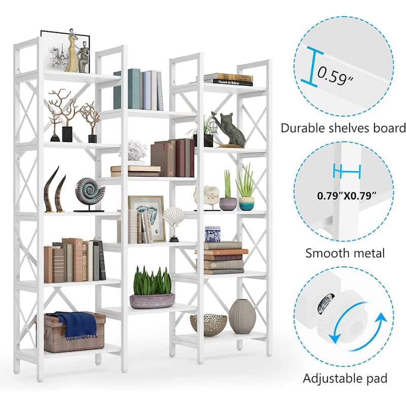 Open Triple Wide 5-Shelf Bookcase, Industrial Etagere Bookshelf for Home & Office