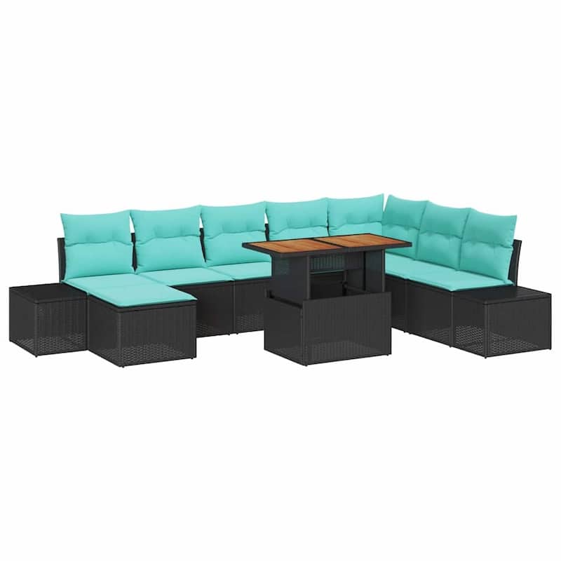 vidaXL 9 Piece Garden Sofa Set with Cushions Black Poly Rattan - 125.6×60.6×27.2