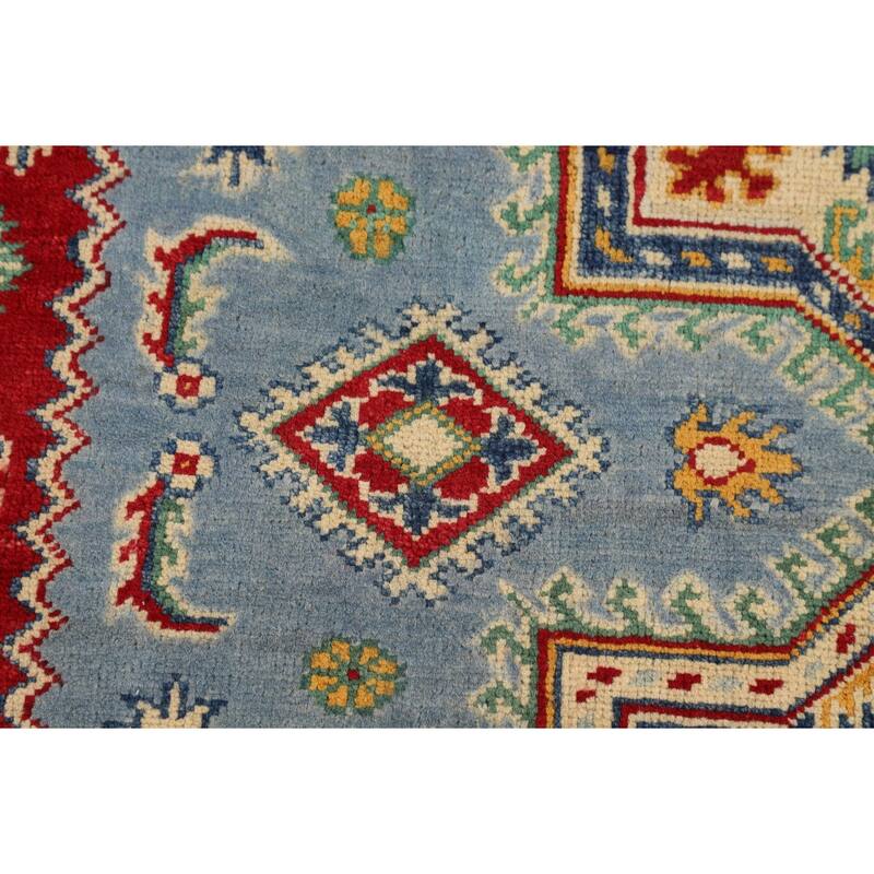Light Blue Kazak Rug Handmade Geometric Wool Carpet - 4'10" x 6'1"