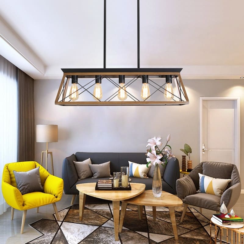32" Industrial Pendant Chandelier – Walnut & Metal Cage Design, Adjustable Hanging Light (Bulbs Not Included)‌.