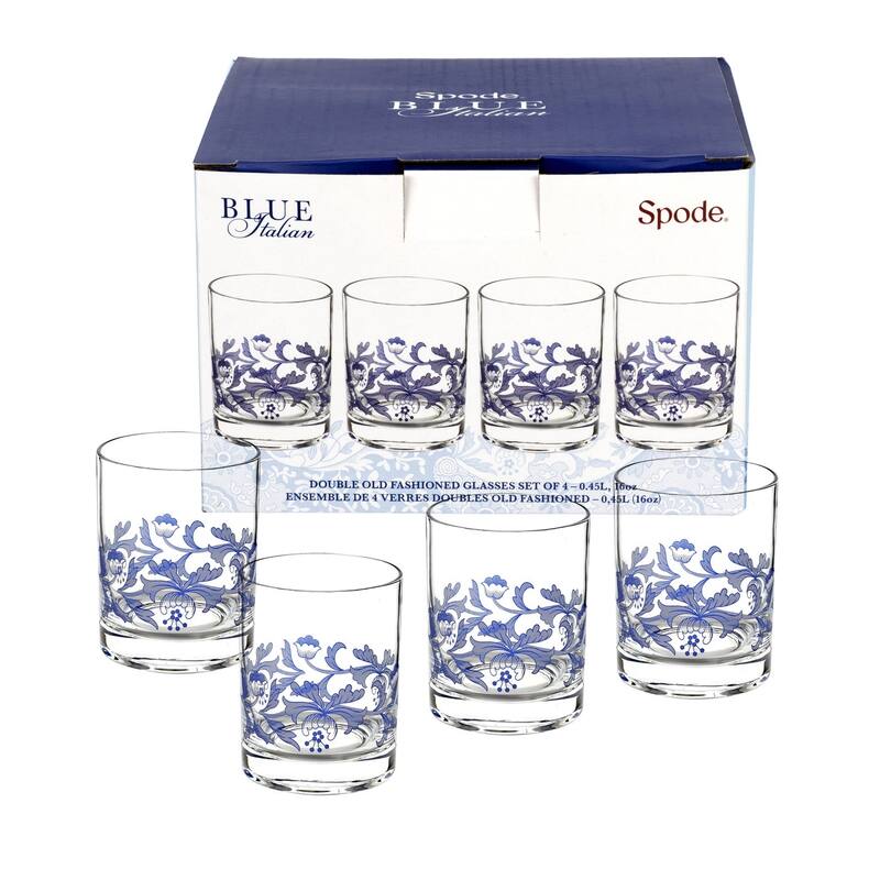 Spode Blue Italian Set of 4 Double Old Fashioned Glasses - 14 oz - Clear and Blue