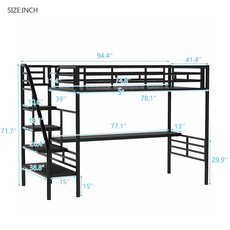 Roomfitters Metal Loft Bed Frame with Desk, Space Saving Design, Twin, Black