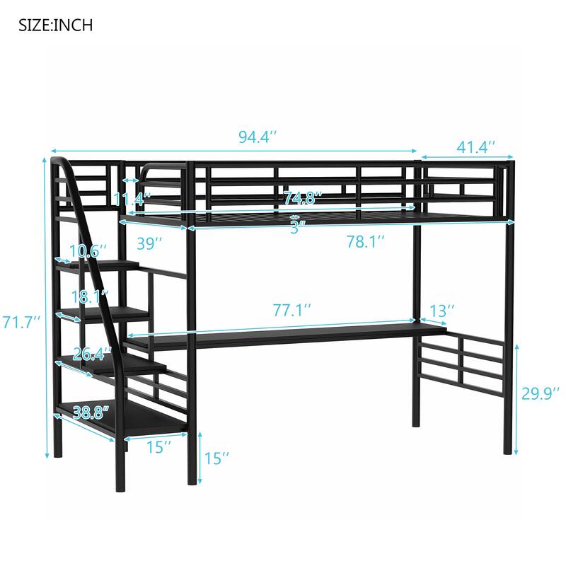 Twin Metal Loft Bed with Storage Ladder, Desk, and Guardrails
