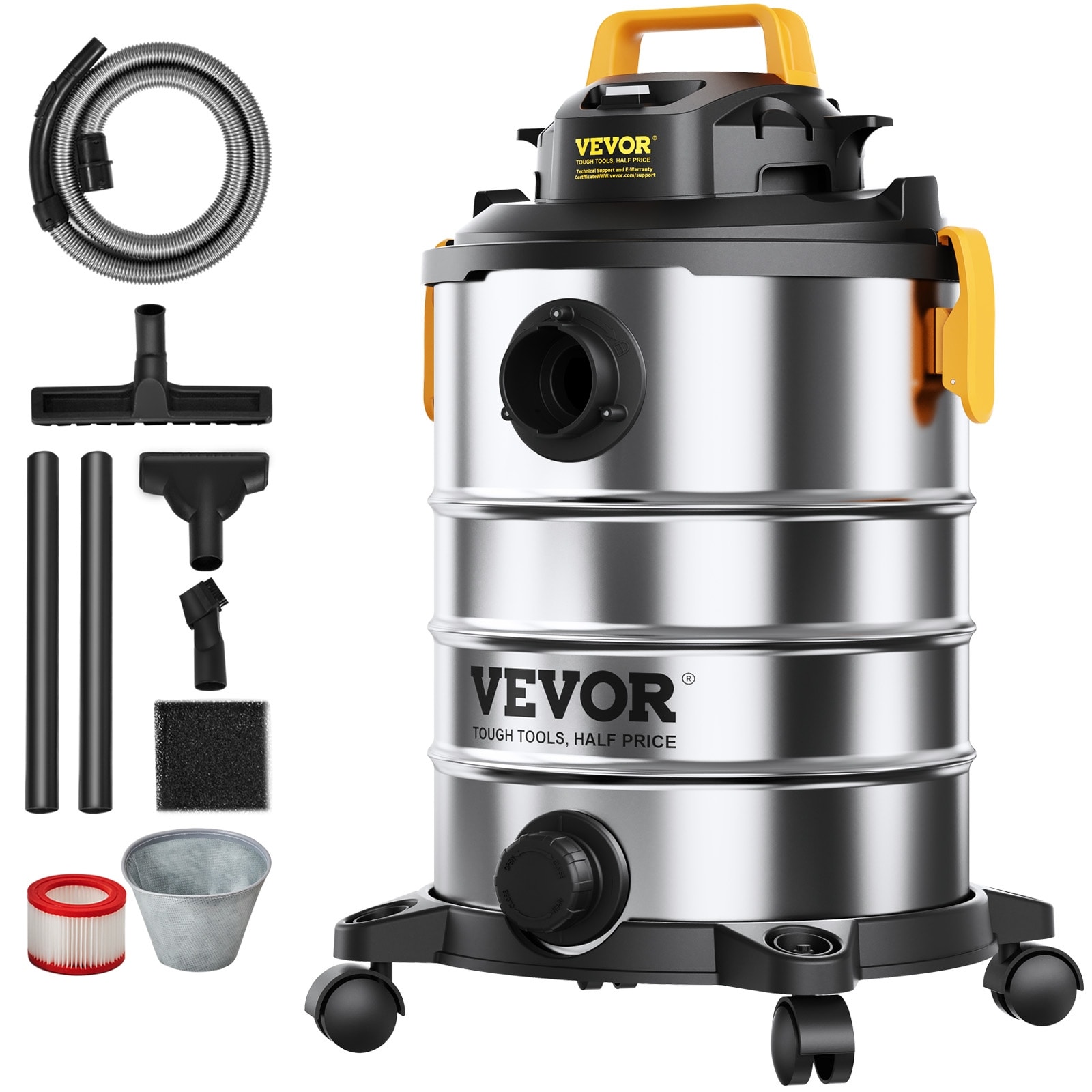 VEVOR Steel Wet Dry Shop Vacuum,Powerful Suction,Small Shop Vac Perfect for Carpet Debris,Pet Hair