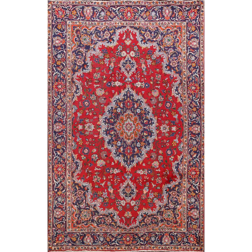 Floral Mashad Persian Red Area Rug Wool Hand-Knotted Office Carpet - 6'4" x 9'4"