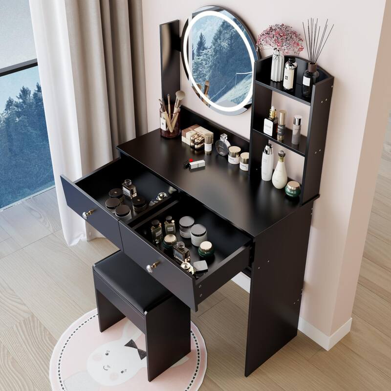 Round LED Mirror Vanity Table, Dressing Set with Cushioned Stool, Makeup Cabinet with Touch Mirror & Multi-layer Storage