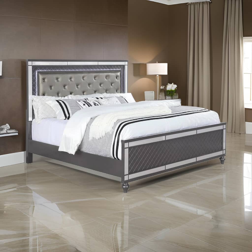 Reff Queen Size Bed, Button Tufted Gray Fabric Upholstery, Modern Wood