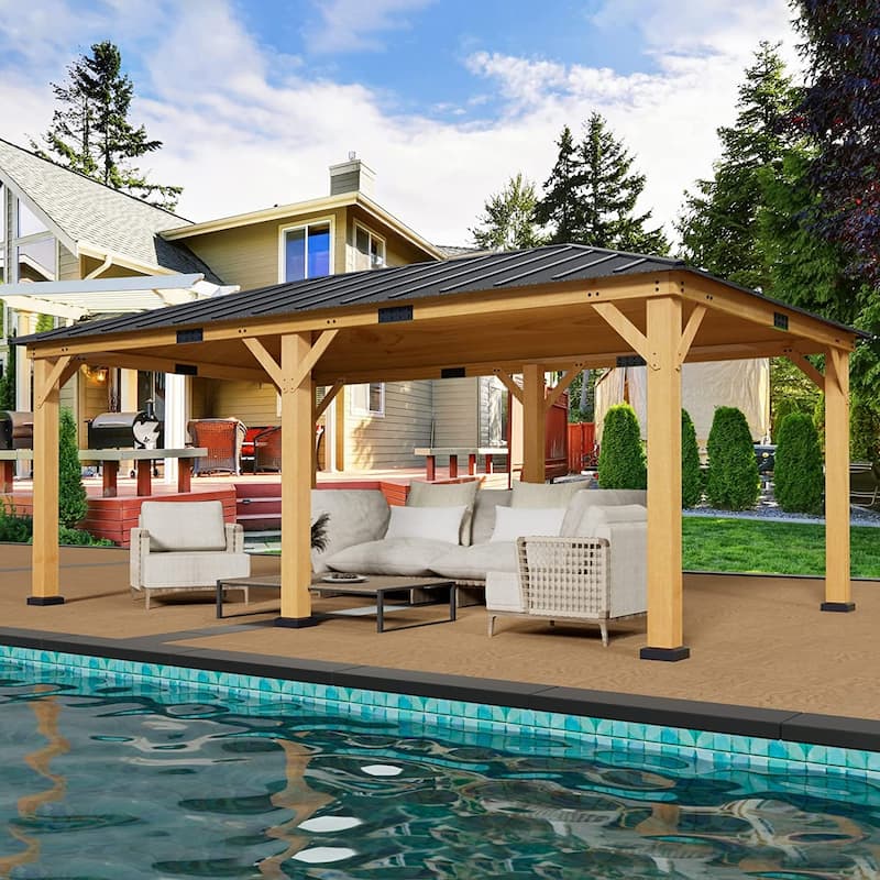 Hardtop Wood Gazebo for Patio, Outdoor Cedar/Spruce Pergola with Metal or Asphalt Roof, All-Weather Backyard Shelter - 12'x20' - Asphalt Roof