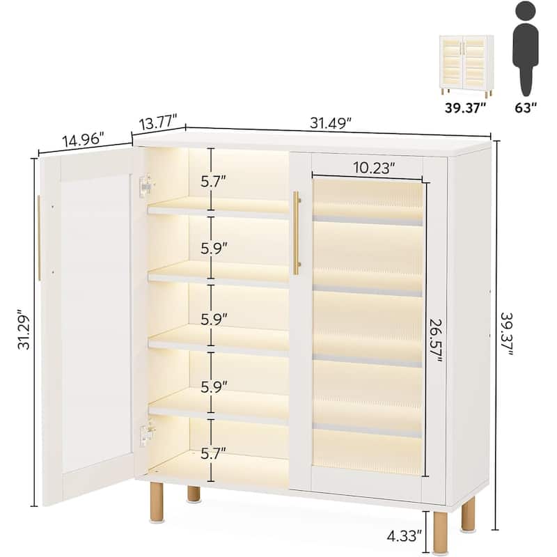 White LED Shoe Cabinet with Acrylic Doors Remote Control Lighting and 5 Tier Storage for 16 to 22 Pairs