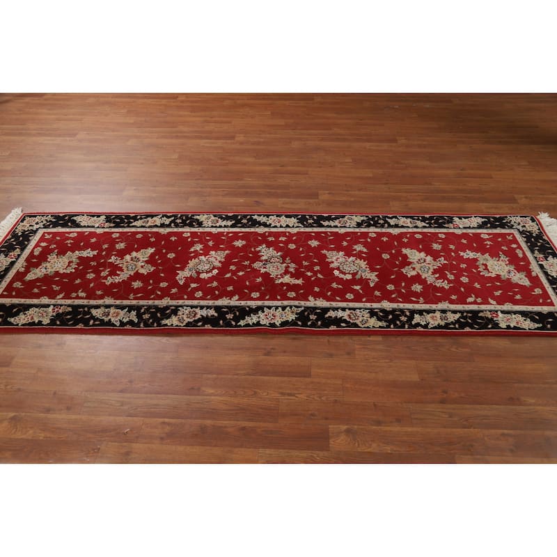Red Floral Tabriz Chinese Runner Rug Handmade Wool and Silk Carpet - 2'5" x 8'1"