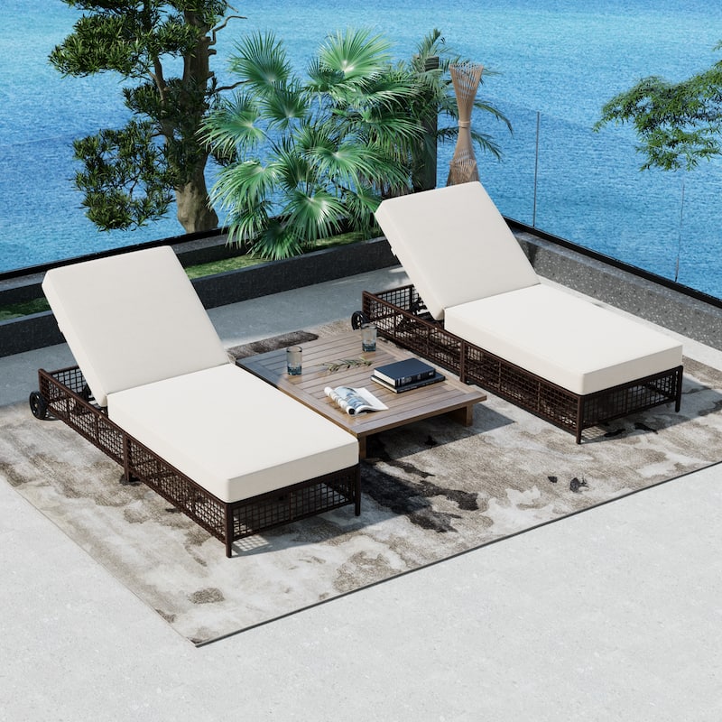 Outdoor Rattan Lounge Chair Set of 2, Patio Chaise Lounge with 5-Position Backrest Cushion and Wheels