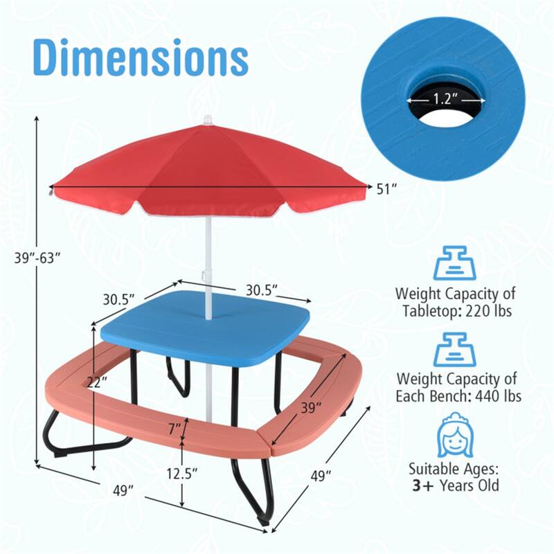 Kids Outdoor Picnic Table with Adjustable Umbrella and Benches Metal Frame and Weather-Resistant Surface - 49" × 49" × 39"-63"