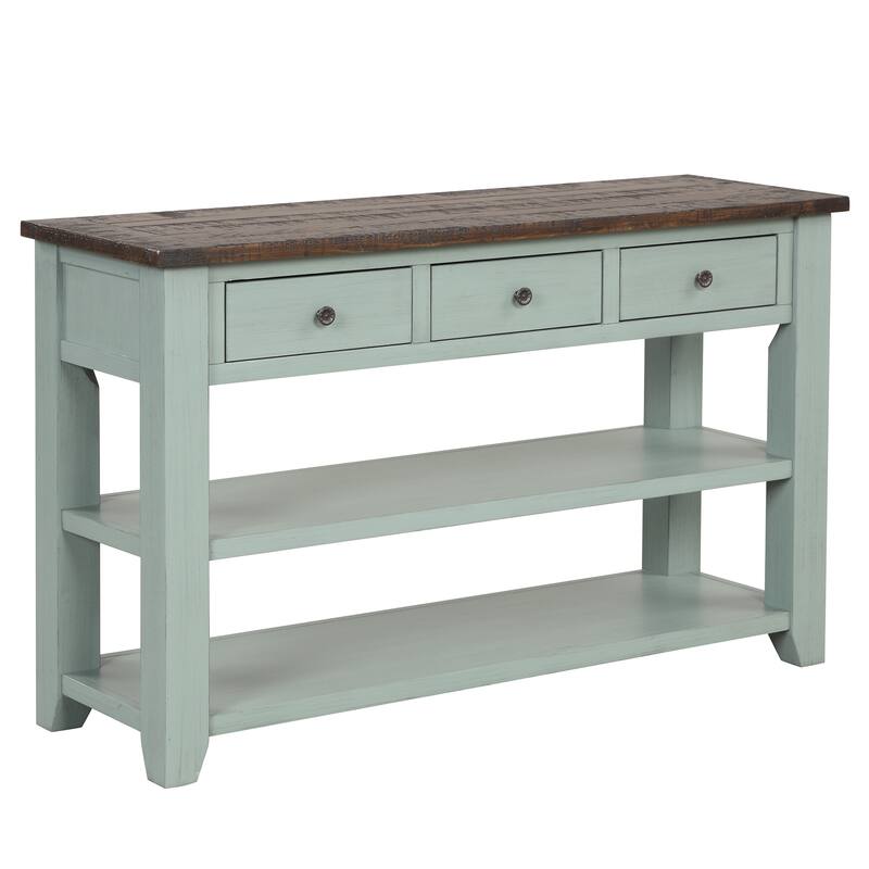 48" Solid Pine Wood Top Console Table, Modern Entryway Sofa Side Table with 3 Storage Drawers and 2 Shelves