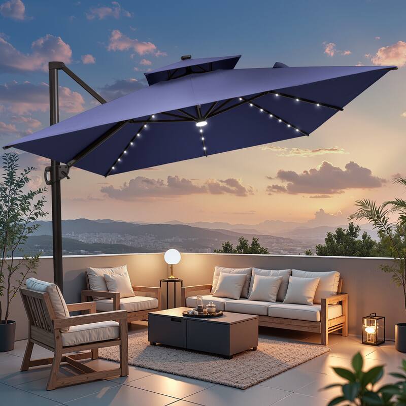 10 X 13 FT Outdoor Patio Cantilever Umbrella with Solar Lights Double Canopy 360 RotationTilt - NavyBlue