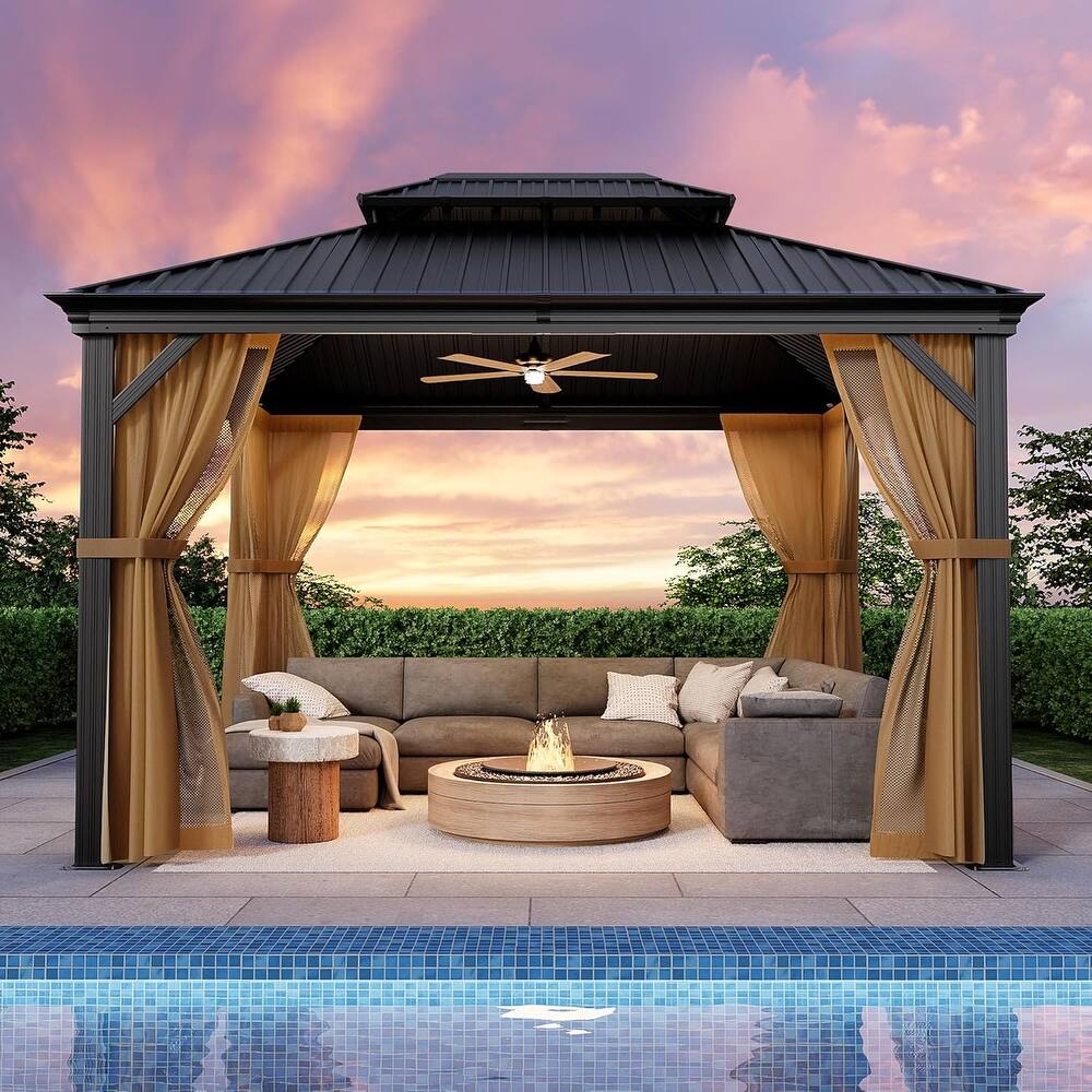 COSIEST 10'x12'Hardtop Gazebo with Netting and Curtains