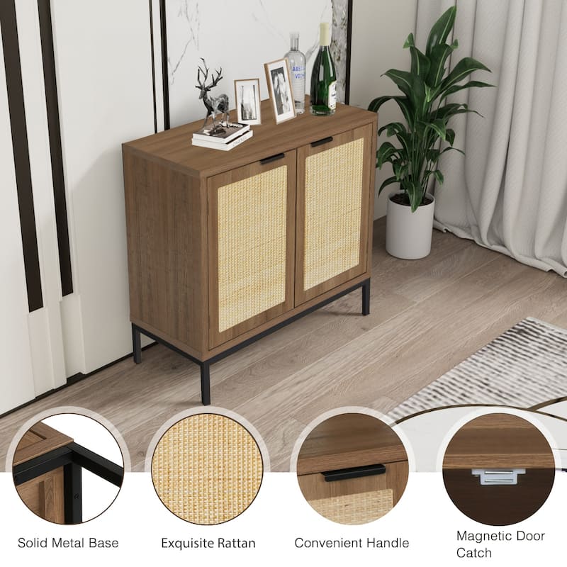 Anmytek Rustic Oak Accent Storage Cabinet with 2 Rattan Doors Mid Century Natural Wood Sideboard Furniture
