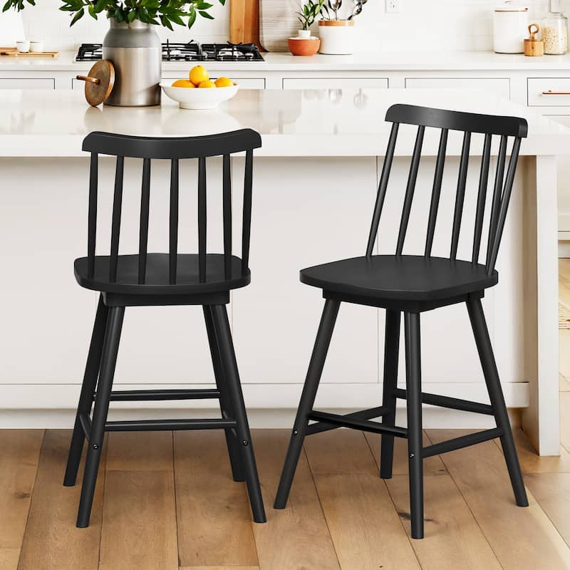 24.in Counter Height Seating Stool Windsor Wooden 360-degree Swivel Barstools for Kitchen Island - Black - Set of 2
