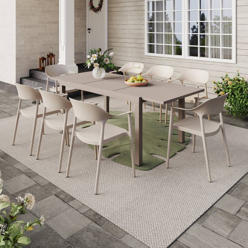 Outdoor Dining Set 9-Piece Stackable Plastic Lightweight Curved Backrest Armchair and Extendable Dining Table - White chair & Linen-colored table
