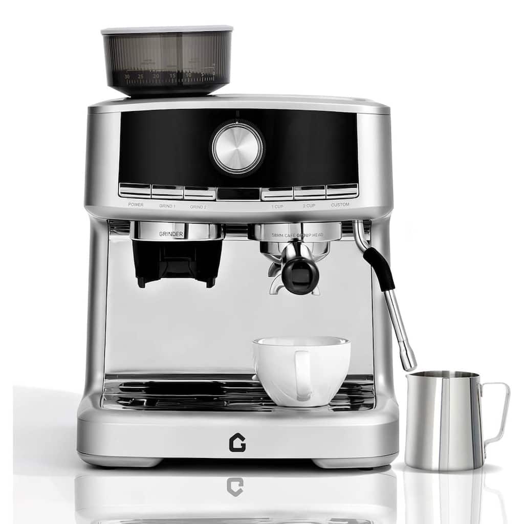 20 Bar Pressure Stainless Steel Semi-Automatic Espresso Coffee Machine with Grinder, Silver