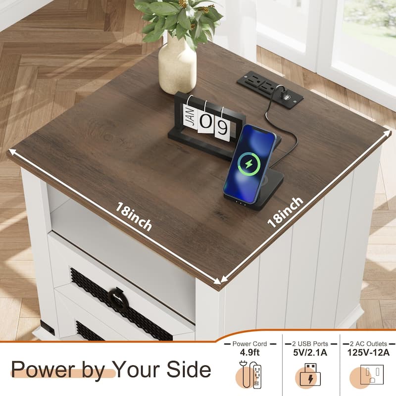 Farmhouse Nightstand 18" inch Side Table with Charging Station Bedside Table with 2 Drawers Night Stand