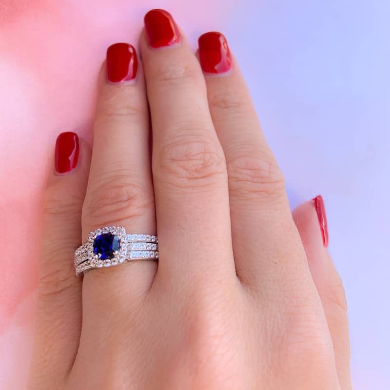 Miadora Sterling Silver Created Blue and White Sapphire Bridal Ring Set