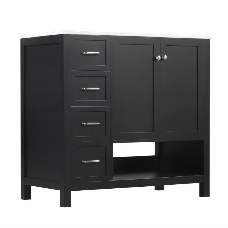 Roomfitters 36" Bathroom Vanity with Sink, Right-Side Basin, Solid Wood Frame, 2 Doors, 2 Drawers & Open Shelf