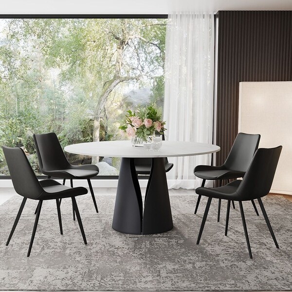 Modern Round White Dining Table Sintered Stone Tabletop Solid Black Carbon Steel Base On Sale Bed Bath Beyond 36858387