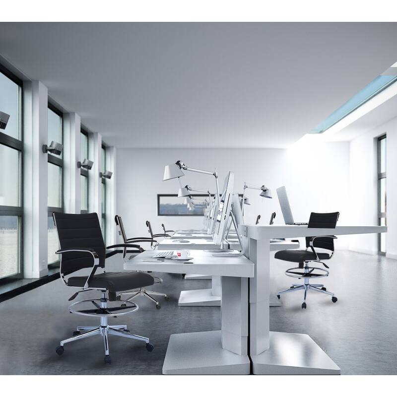 Swivel PU Leather Office Drafting Chair For Standing Table Mid-Back Ribbed Executive Ergonomic With Arms Wheels Task Computer