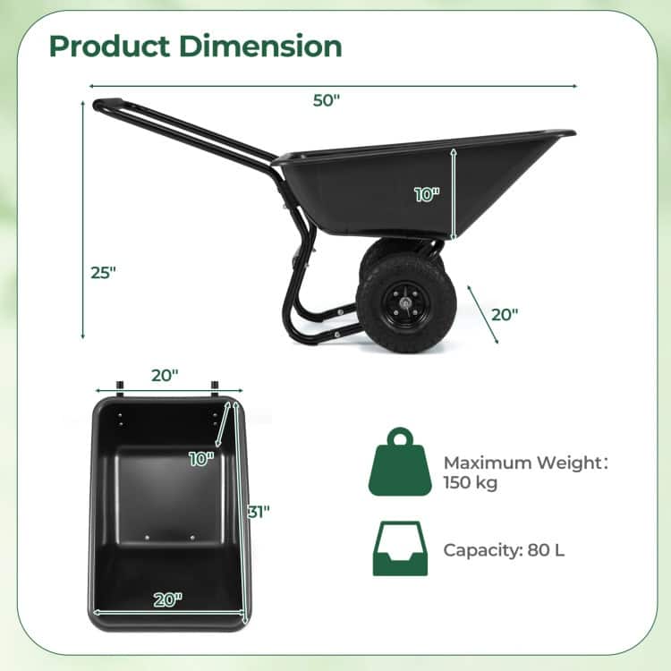 Dual-Wheel Wheelbarrow Garden Utility Cart with Pneumatic Tires-Black